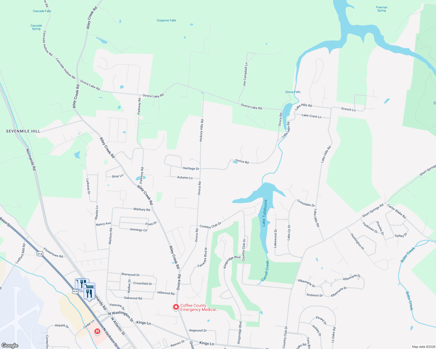 map of restaurants, bars, coffee shops, grocery stores, and more near 2310 Ovoca Road in Tullahoma