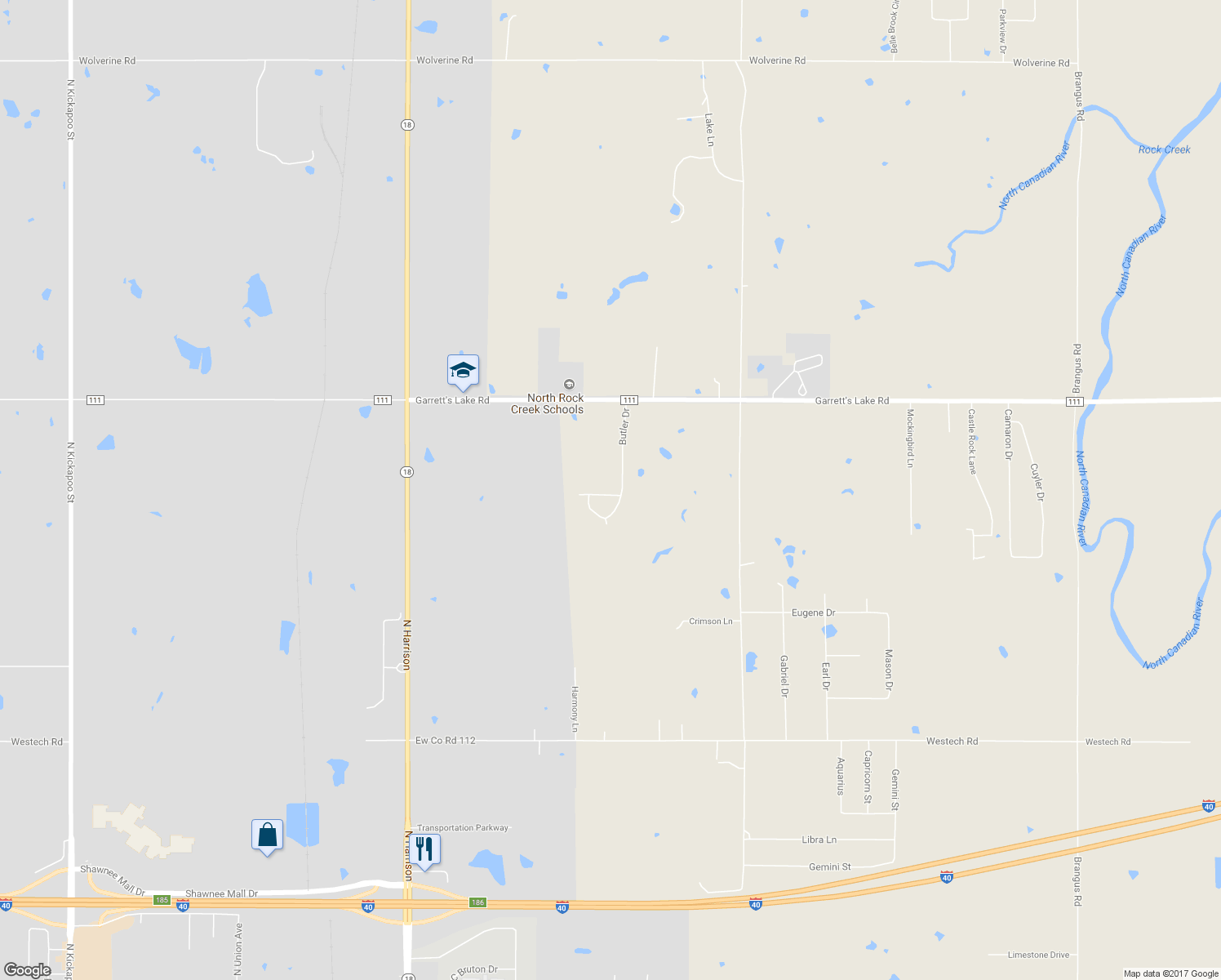 map of restaurants, bars, coffee shops, grocery stores, and more near 12 Walker Circle in Shawnee