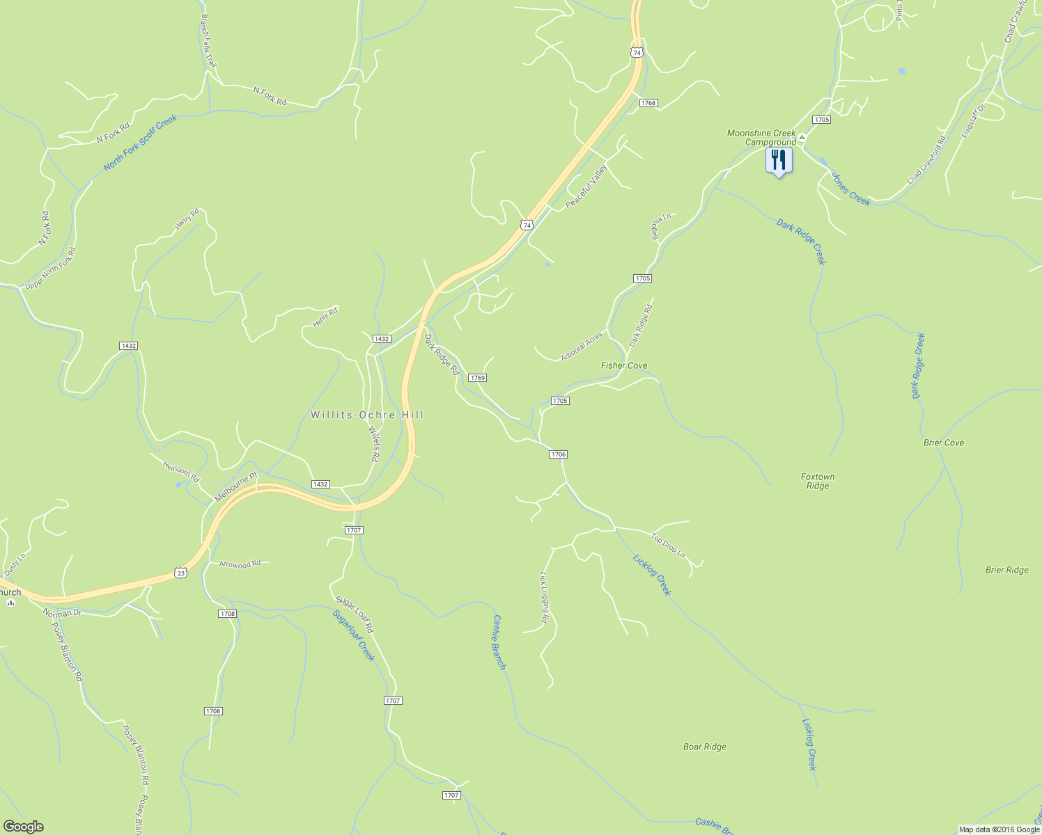 map of restaurants, bars, coffee shops, grocery stores, and more near 206 Spicewood Valley Rd in Sylva