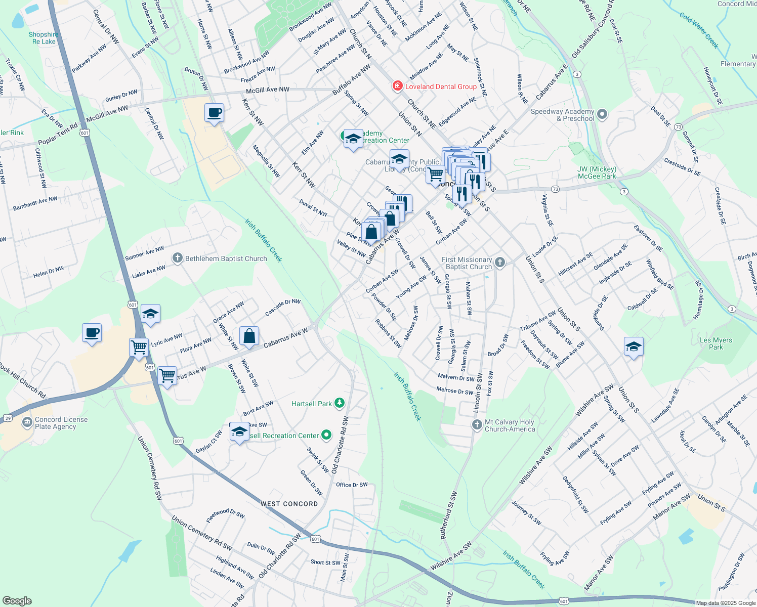map of restaurants, bars, coffee shops, grocery stores, and more near 66 Powder Street Southwest in Concord