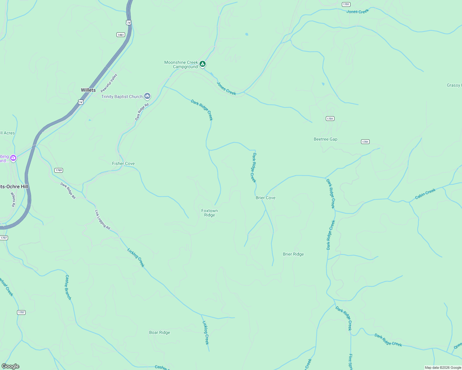 map of restaurants, bars, coffee shops, grocery stores, and more near 26 Moses Creek Road in Cullowhee