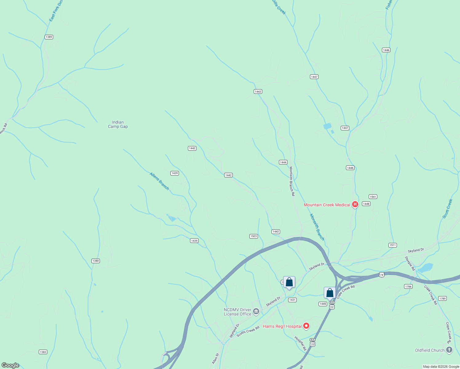map of restaurants, bars, coffee shops, grocery stores, and more near 80 Lemon Tree Drive in Sylva