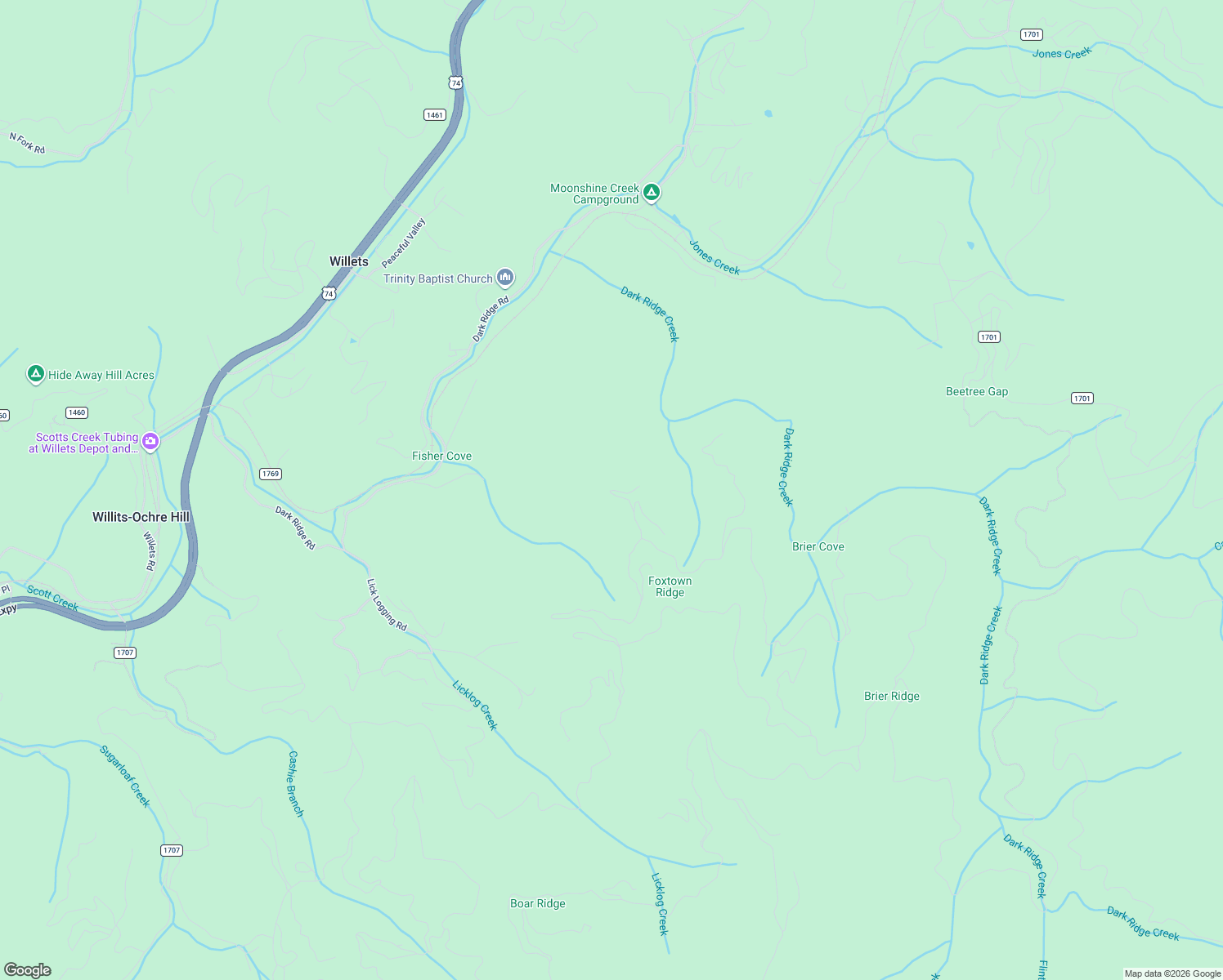 map of restaurants, bars, coffee shops, grocery stores, and more near 235 Falling Leaf Trail in Sylva