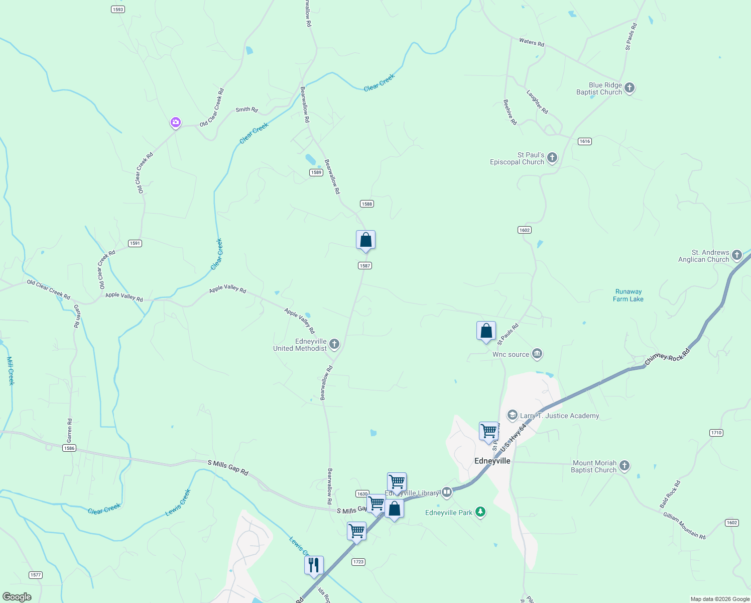 map of restaurants, bars, coffee shops, grocery stores, and more near 40 Windy Mountain Lane in Hendersonville