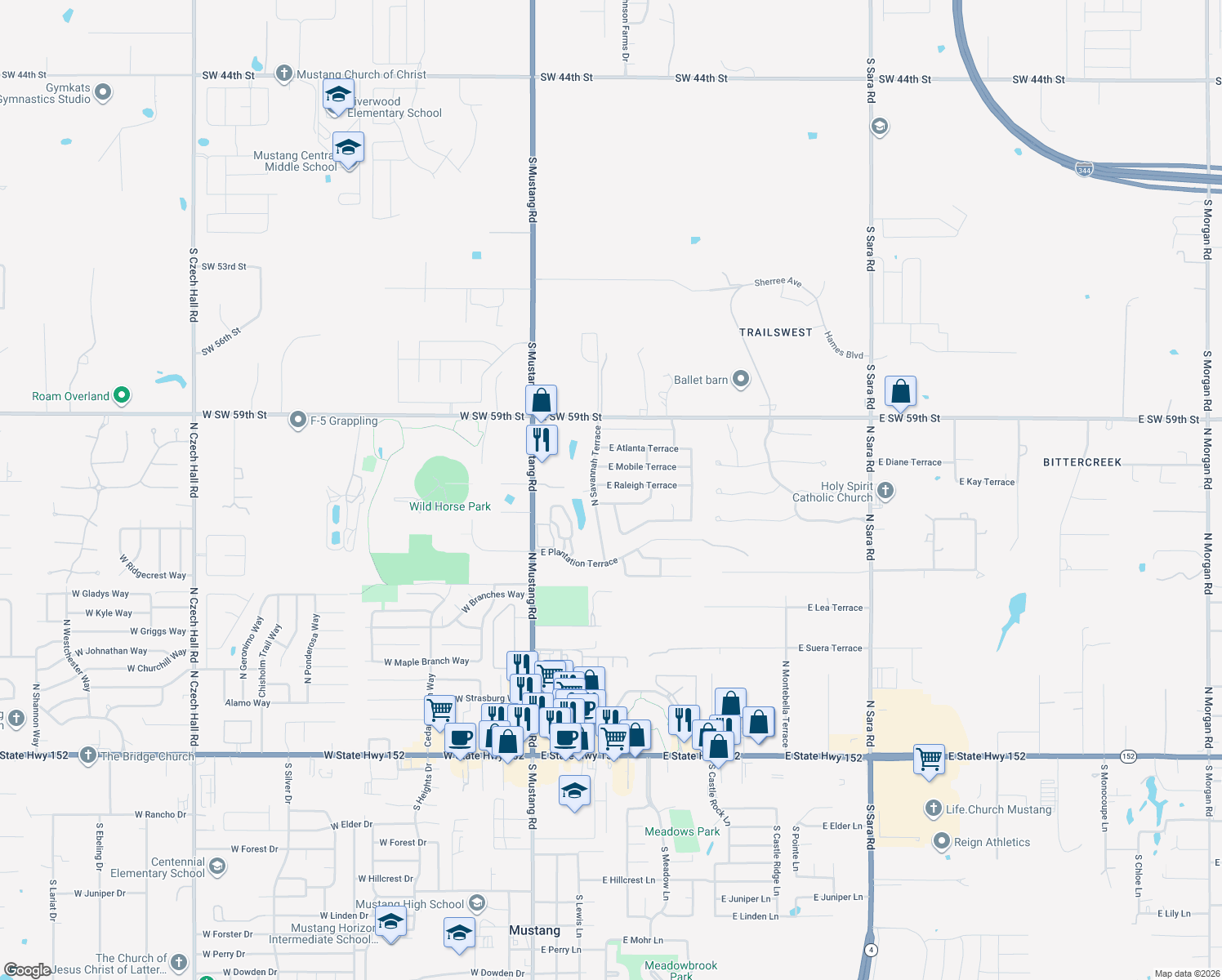 map of restaurants, bars, coffee shops, grocery stores, and more near 250 East Raleigh Terrace in Mustang