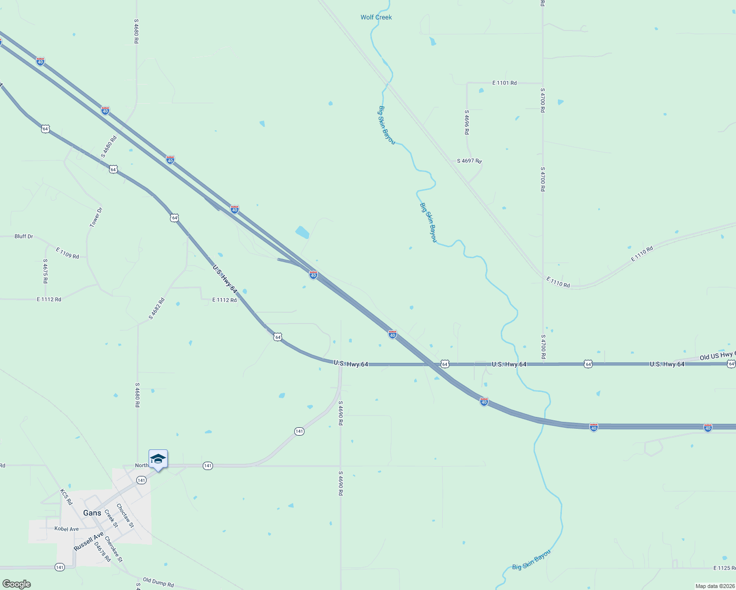 map of restaurants, bars, coffee shops, grocery stores, and more near East 1105 Road in Gans