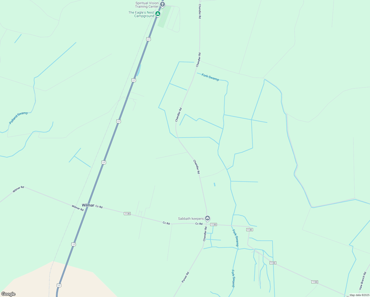 map of restaurants, bars, coffee shops, grocery stores, and more near Chandler Road in Vanceboro