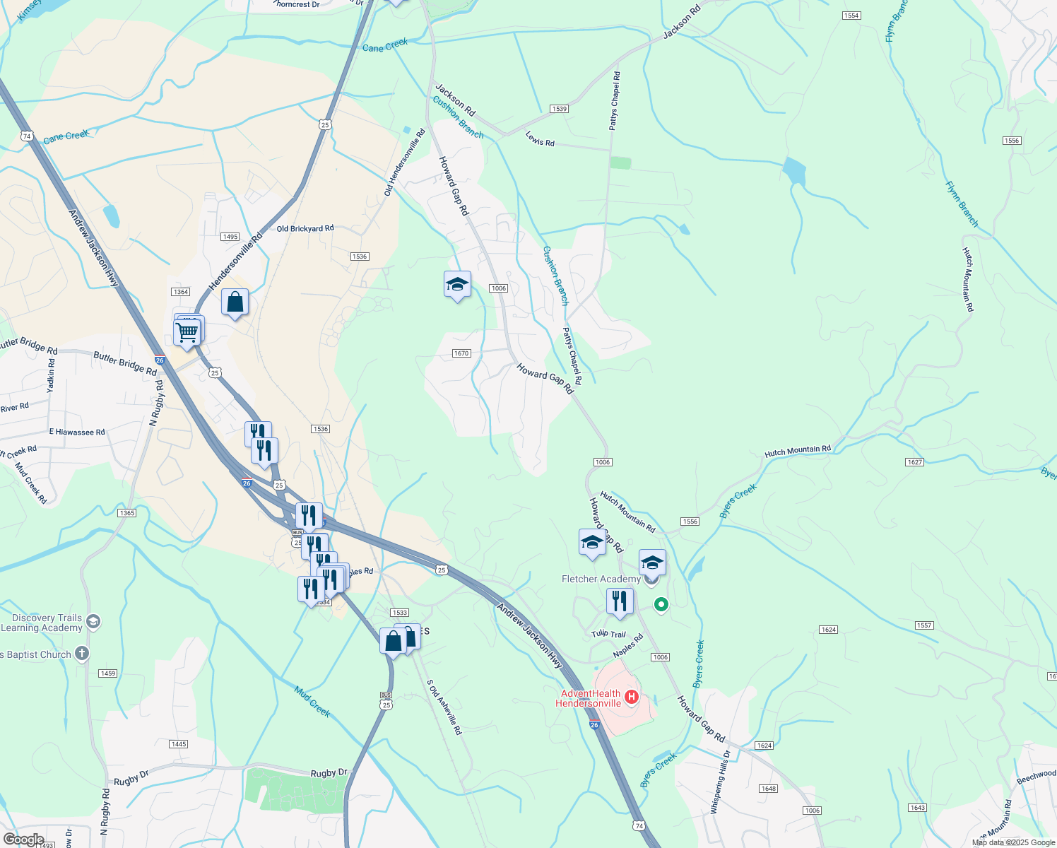 map of restaurants, bars, coffee shops, grocery stores, and more near 225 Nathan Court in Fletcher