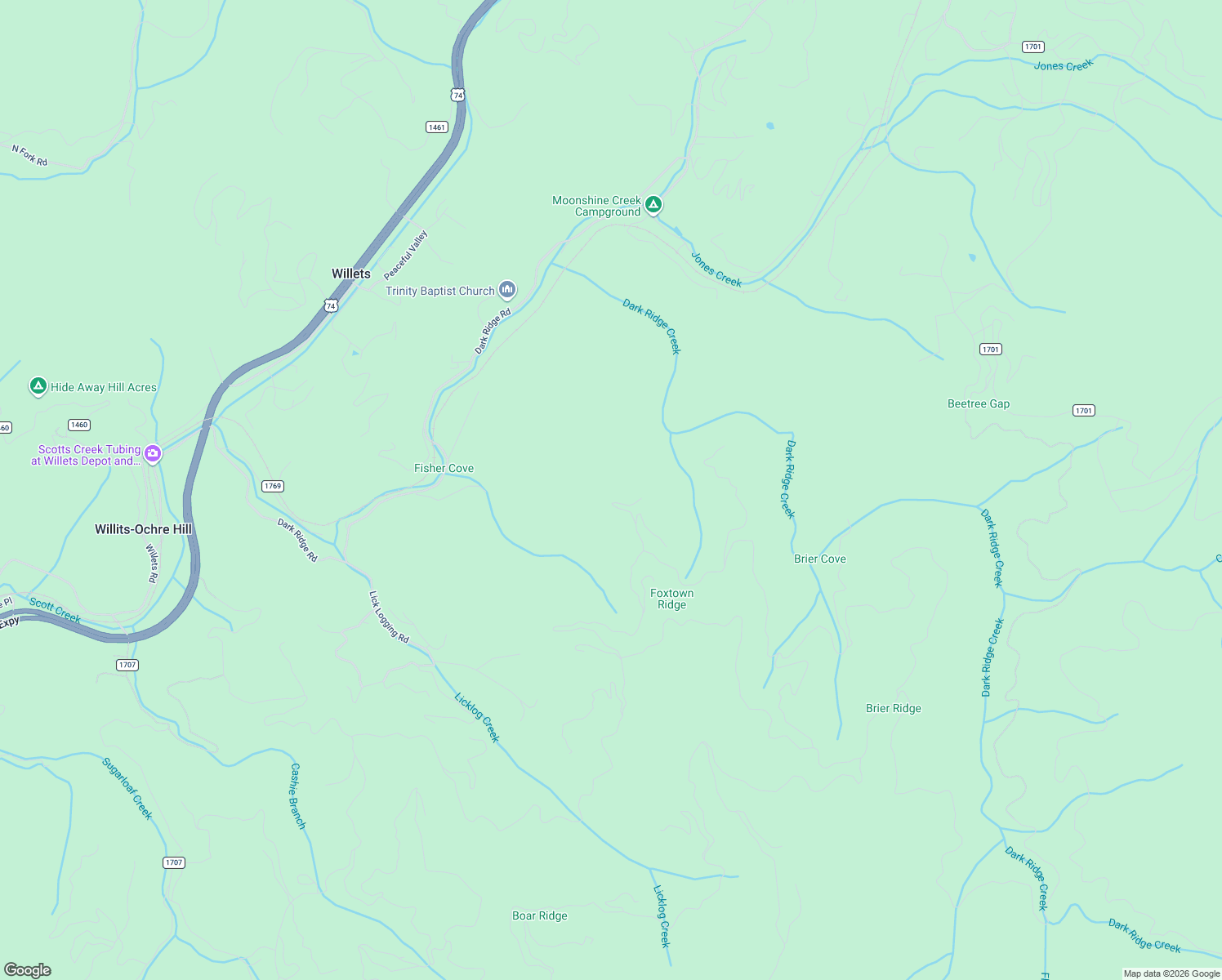 map of restaurants, bars, coffee shops, grocery stores, and more near 235 Falling Leaf Trail in Sylva