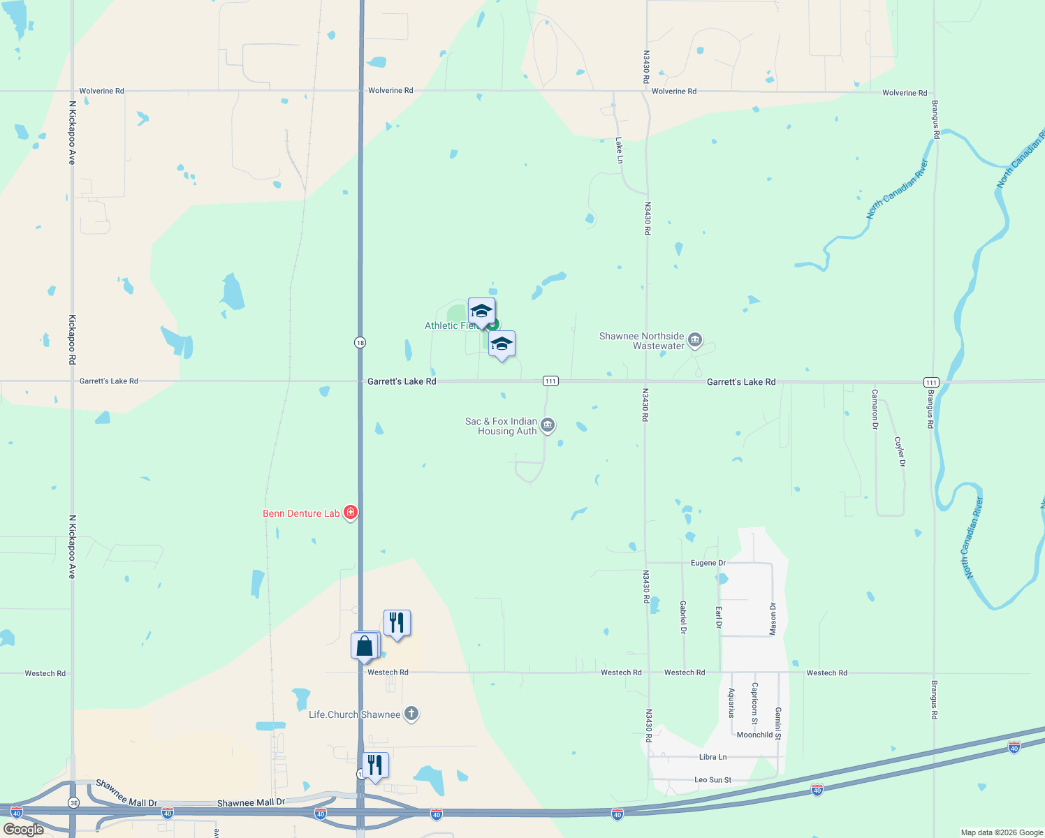 map of restaurants, bars, coffee shops, grocery stores, and more near 42103 Garrett's Lake Road in Shawnee