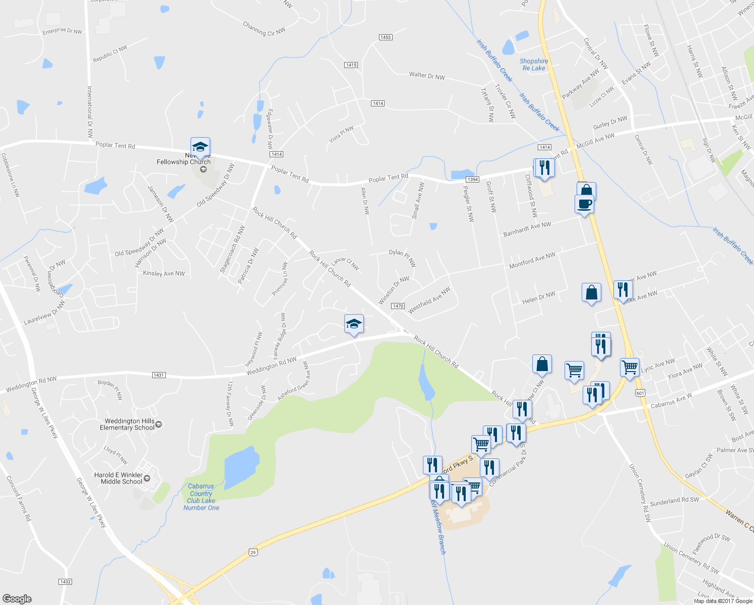map of restaurants, bars, coffee shops, grocery stores, and more near 3200 Rock Hill Church Road in Concord