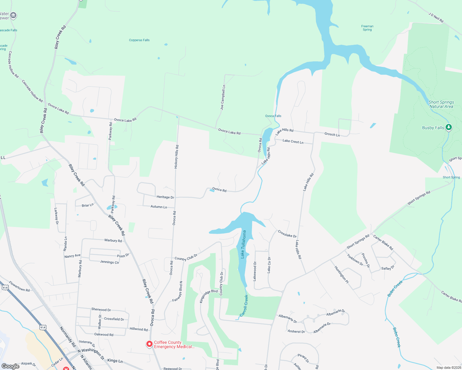 map of restaurants, bars, coffee shops, grocery stores, and more near 2333 Ovoca Rd in Tullahoma