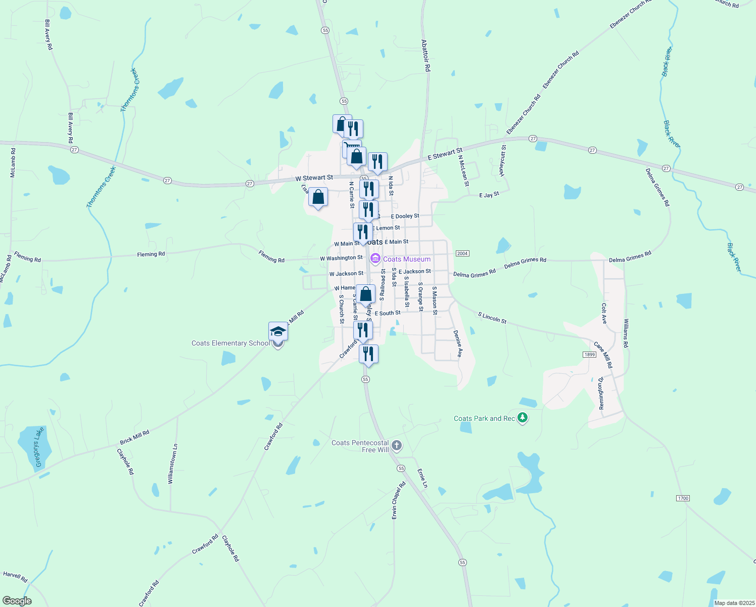 map of restaurants, bars, coffee shops, grocery stores, and more near 292 South Railroad Street in Coats