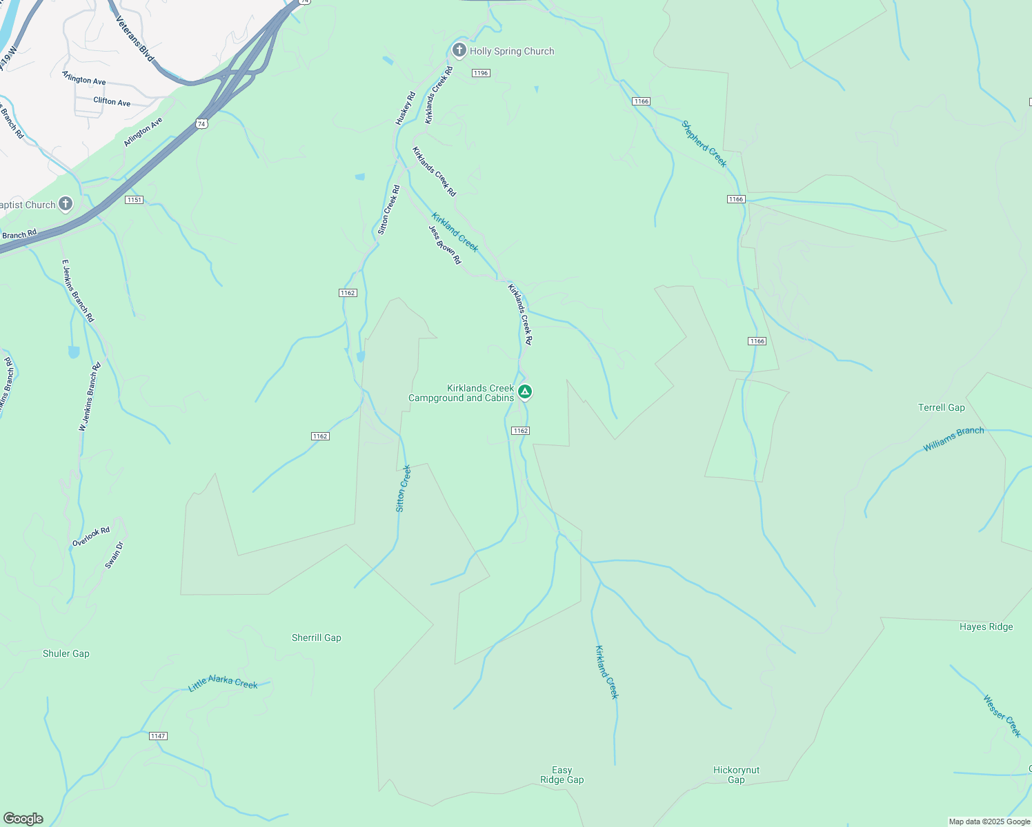 map of restaurants, bars, coffee shops, grocery stores, and more near 1975 Kirklands Creek Road in Bryson City