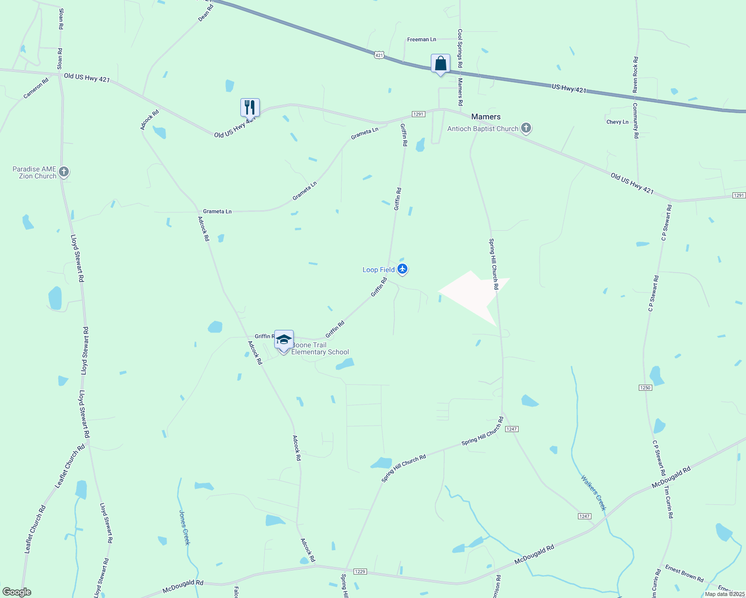 map of restaurants, bars, coffee shops, grocery stores, and more near 889 Griffin Road in Lillington