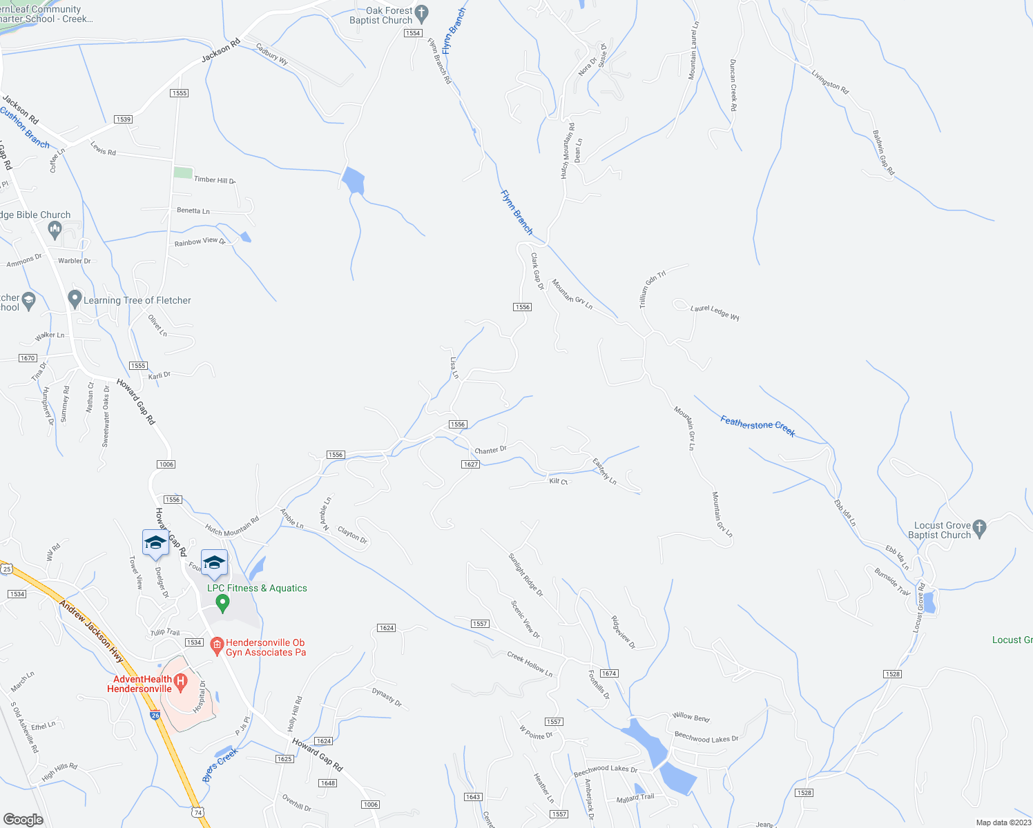 map of restaurants, bars, coffee shops, grocery stores, and more near 8 Bards Lane in Fletcher