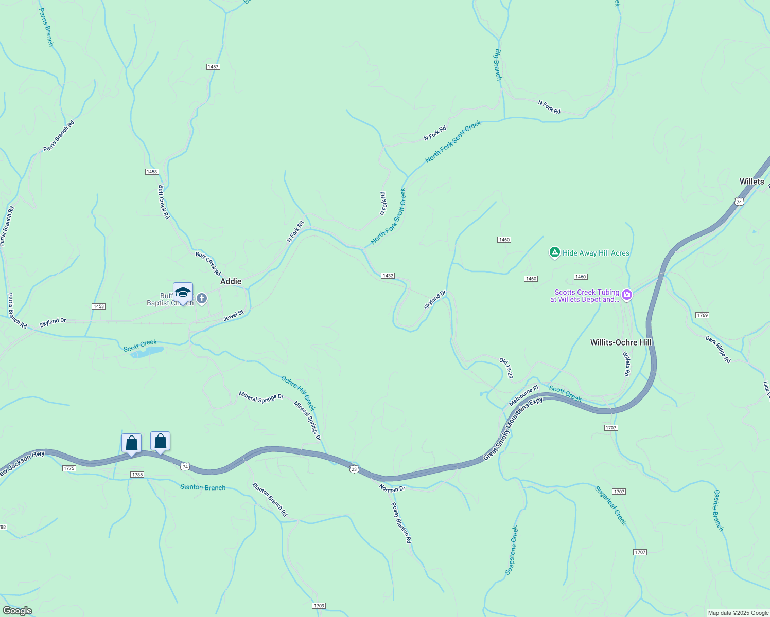 map of restaurants, bars, coffee shops, grocery stores, and more near 76 Ladderback Trail in Sylva