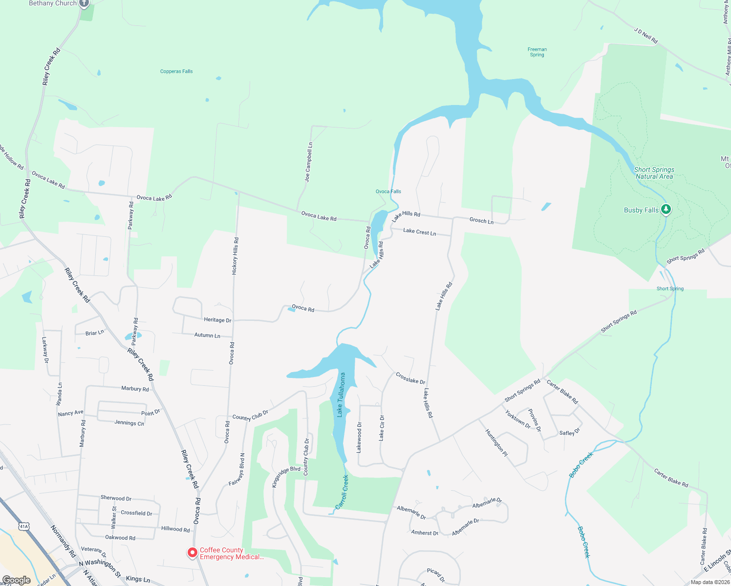 map of restaurants, bars, coffee shops, grocery stores, and more near 2338 Ovoca Road in Tullahoma