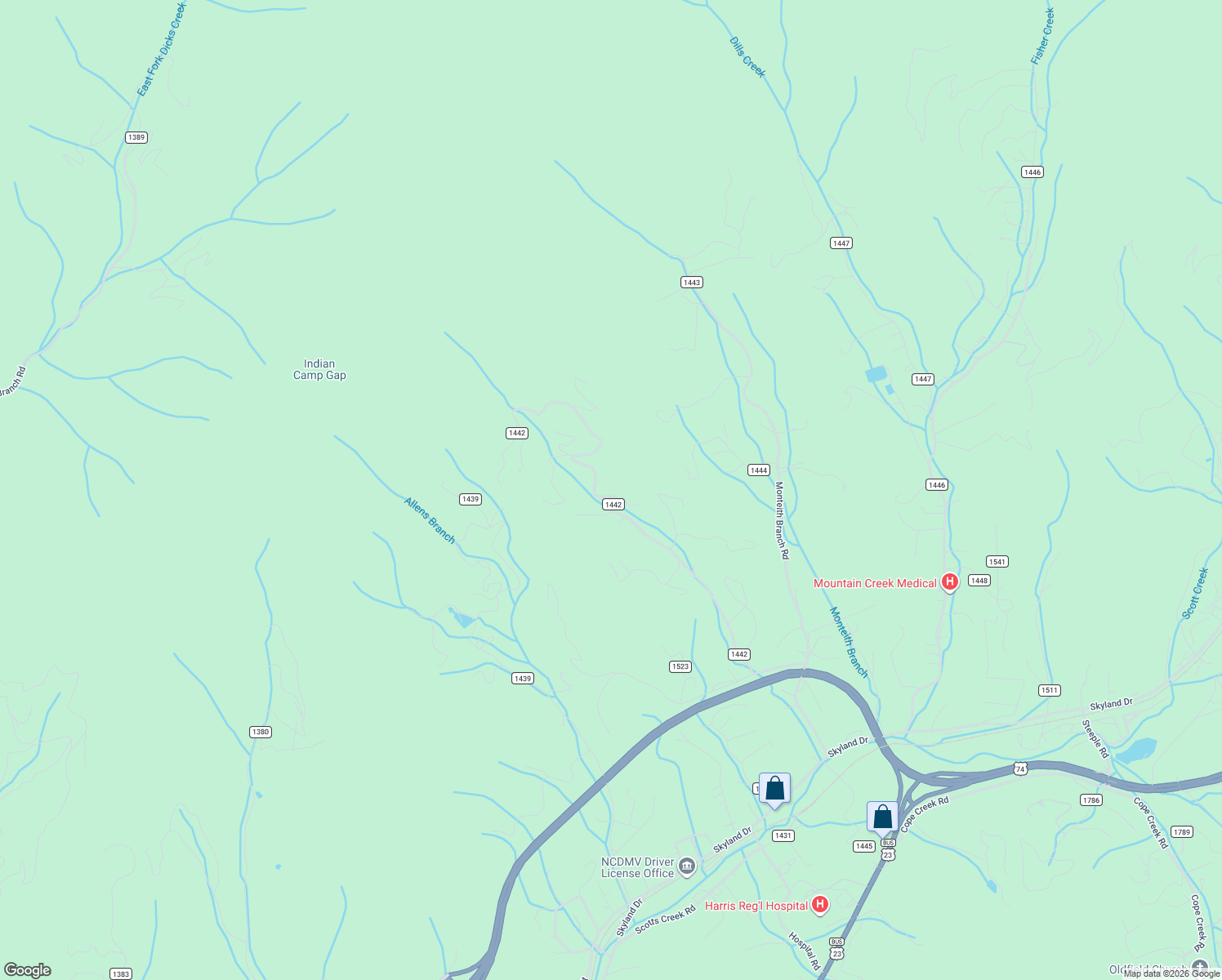 map of restaurants, bars, coffee shops, grocery stores, and more near 846 Kitchens Branch Road in Sylva