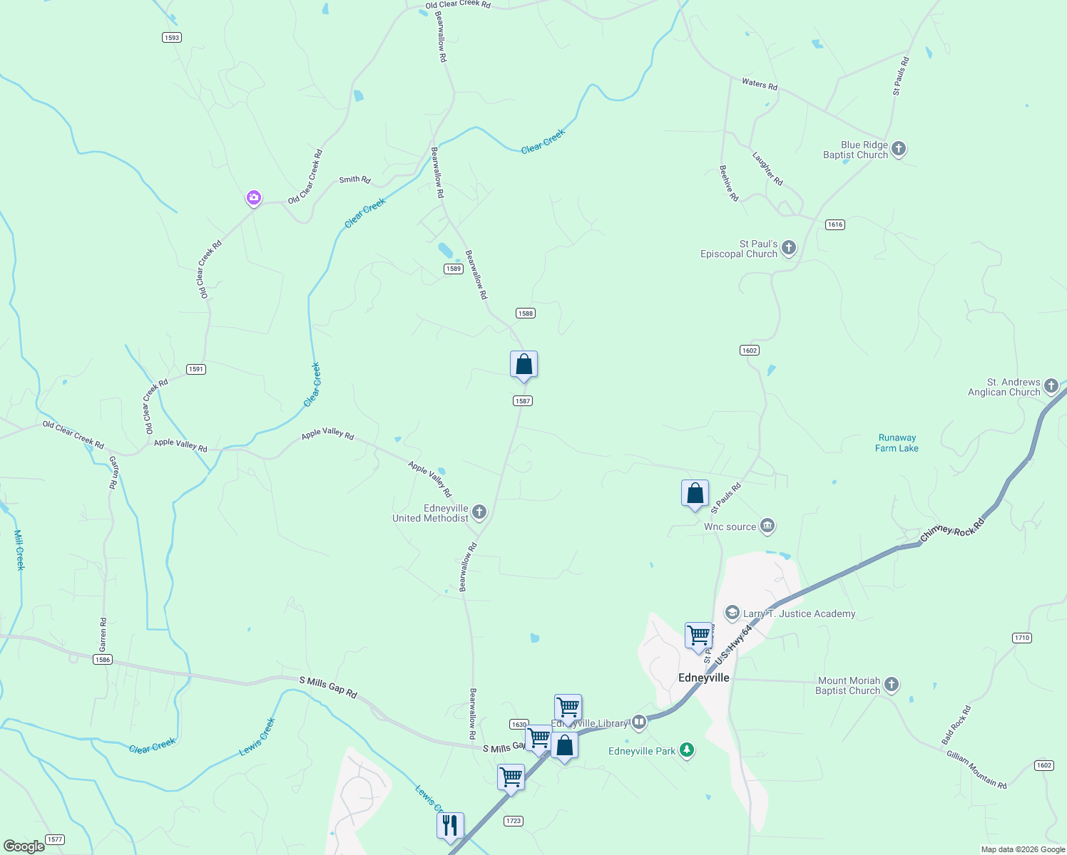 map of restaurants, bars, coffee shops, grocery stores, and more near 40 Windy Mountain Lane in Hendersonville