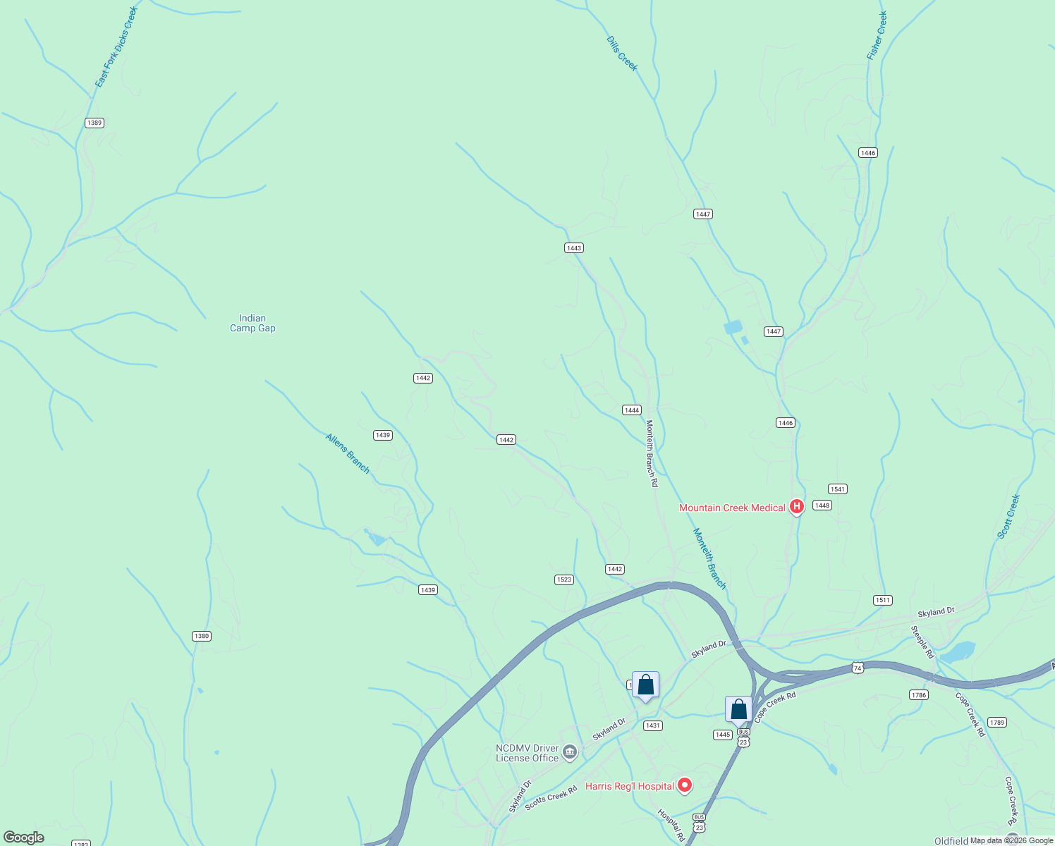 map of restaurants, bars, coffee shops, grocery stores, and more near 800 Kitchens Branch Road in Sylva