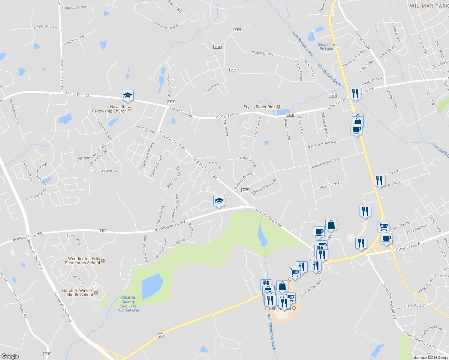 map of restaurants, bars, coffee shops, grocery stores, and more near 3230 Rock Hill Church Road in Concord