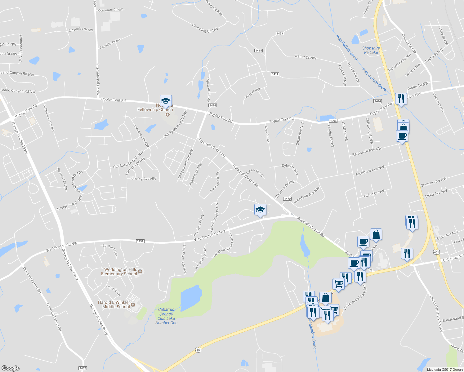 map of restaurants, bars, coffee shops, grocery stores, and more near 3379 Chadbury Drive Northwest in Concord