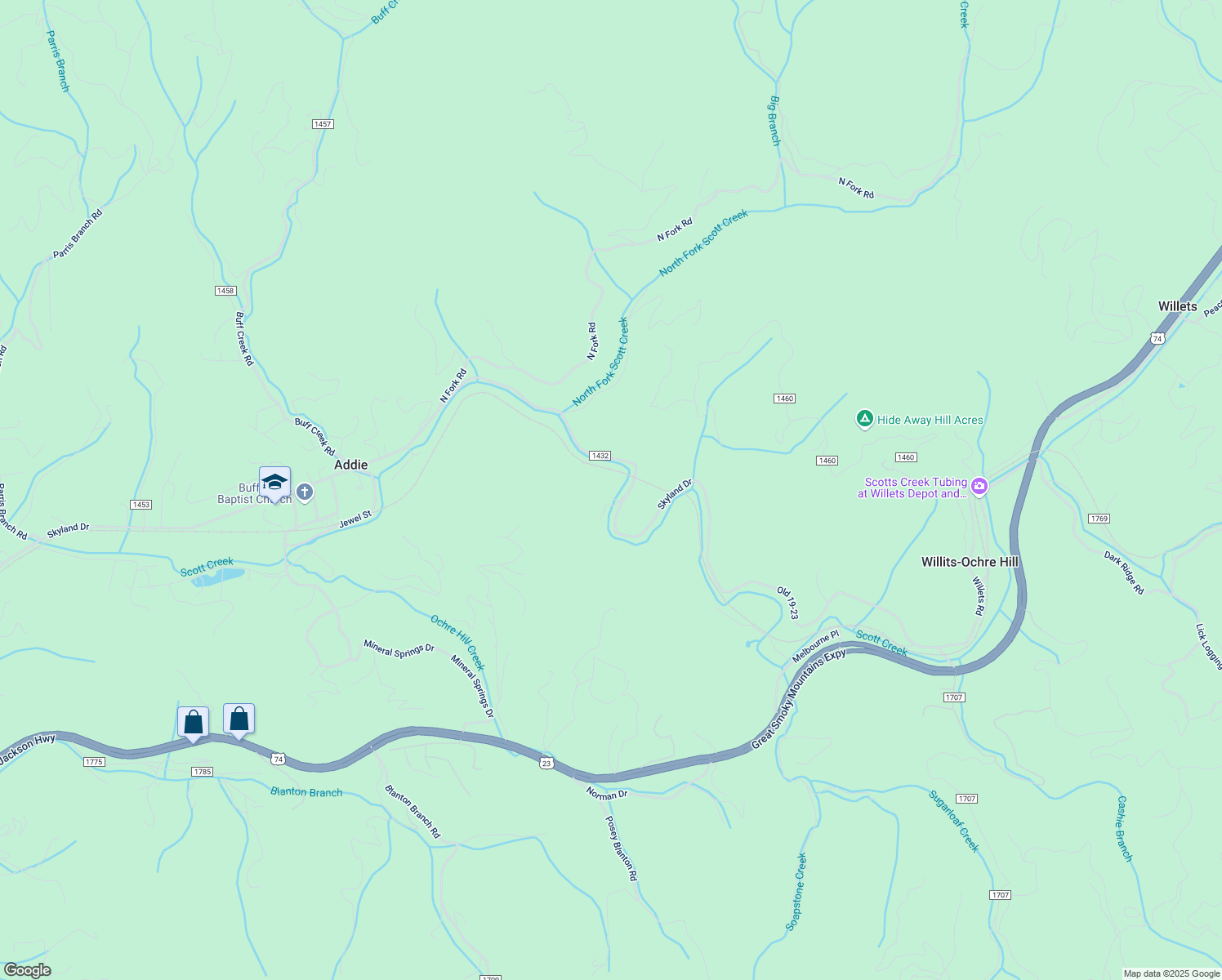 map of restaurants, bars, coffee shops, grocery stores, and more near 76 Ladderback Trail in Sylva