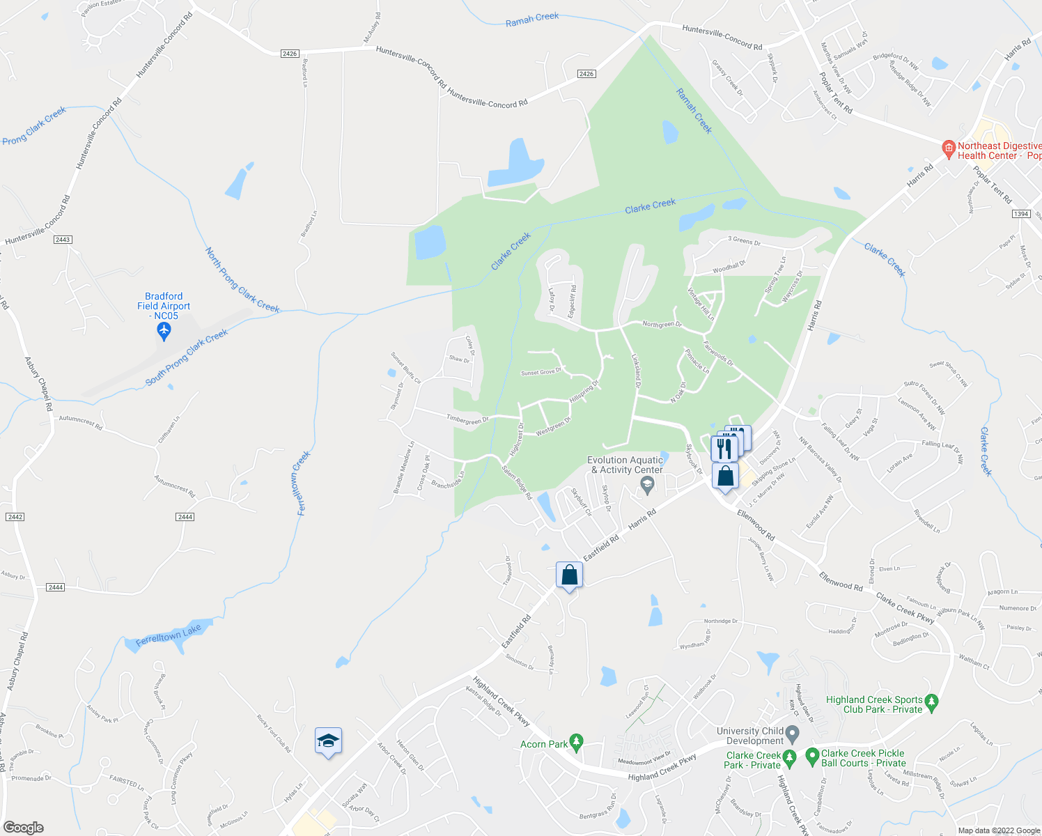 map of restaurants, bars, coffee shops, grocery stores, and more near Highcrest Dr & Timbergreen Dr in Huntersville