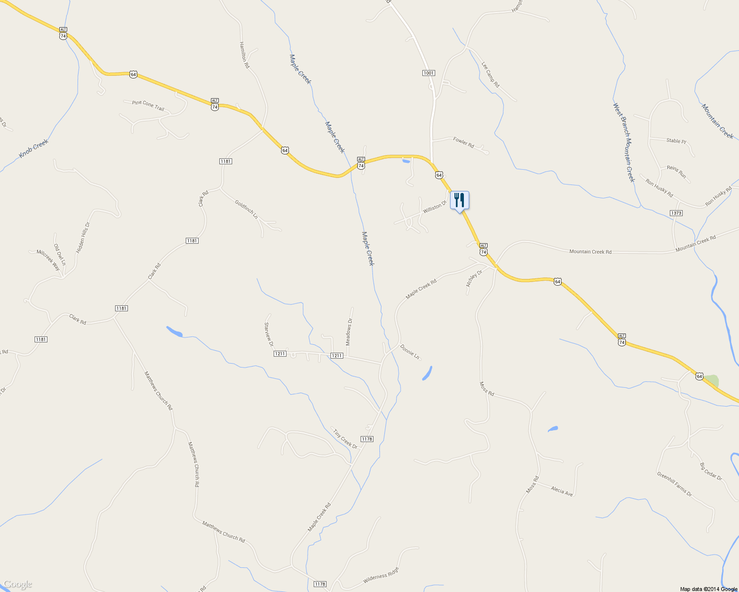 map of restaurants, bars, coffee shops, grocery stores, and more near 4405 Maple Creek Road in Rutherfordton
