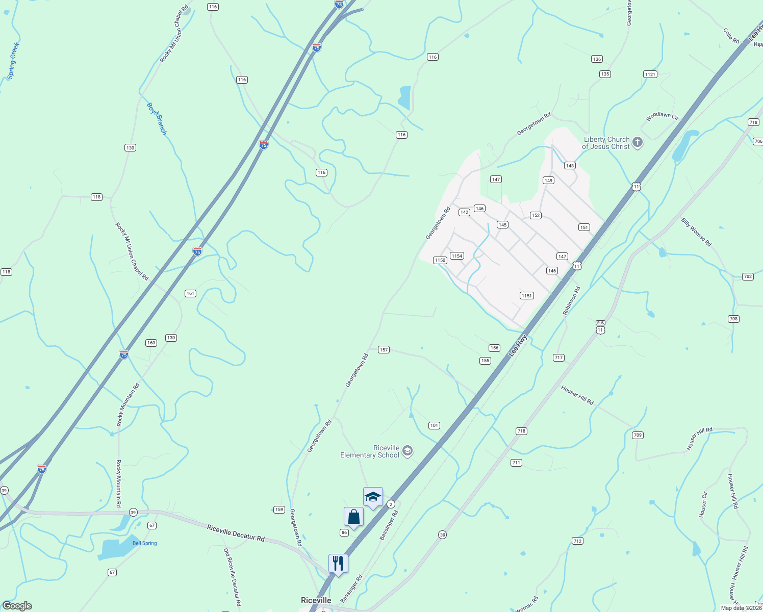 map of restaurants, bars, coffee shops, grocery stores, and more near 546 County Road 135 in Riceville