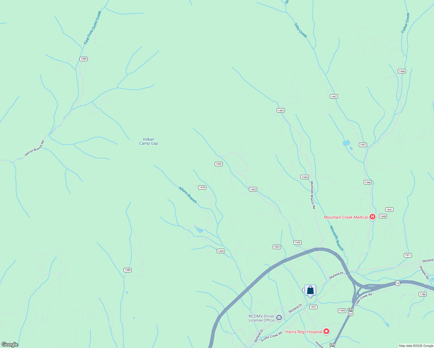 map of restaurants, bars, coffee shops, grocery stores, and more near 1514 Kitchens Branch Road in Sylva