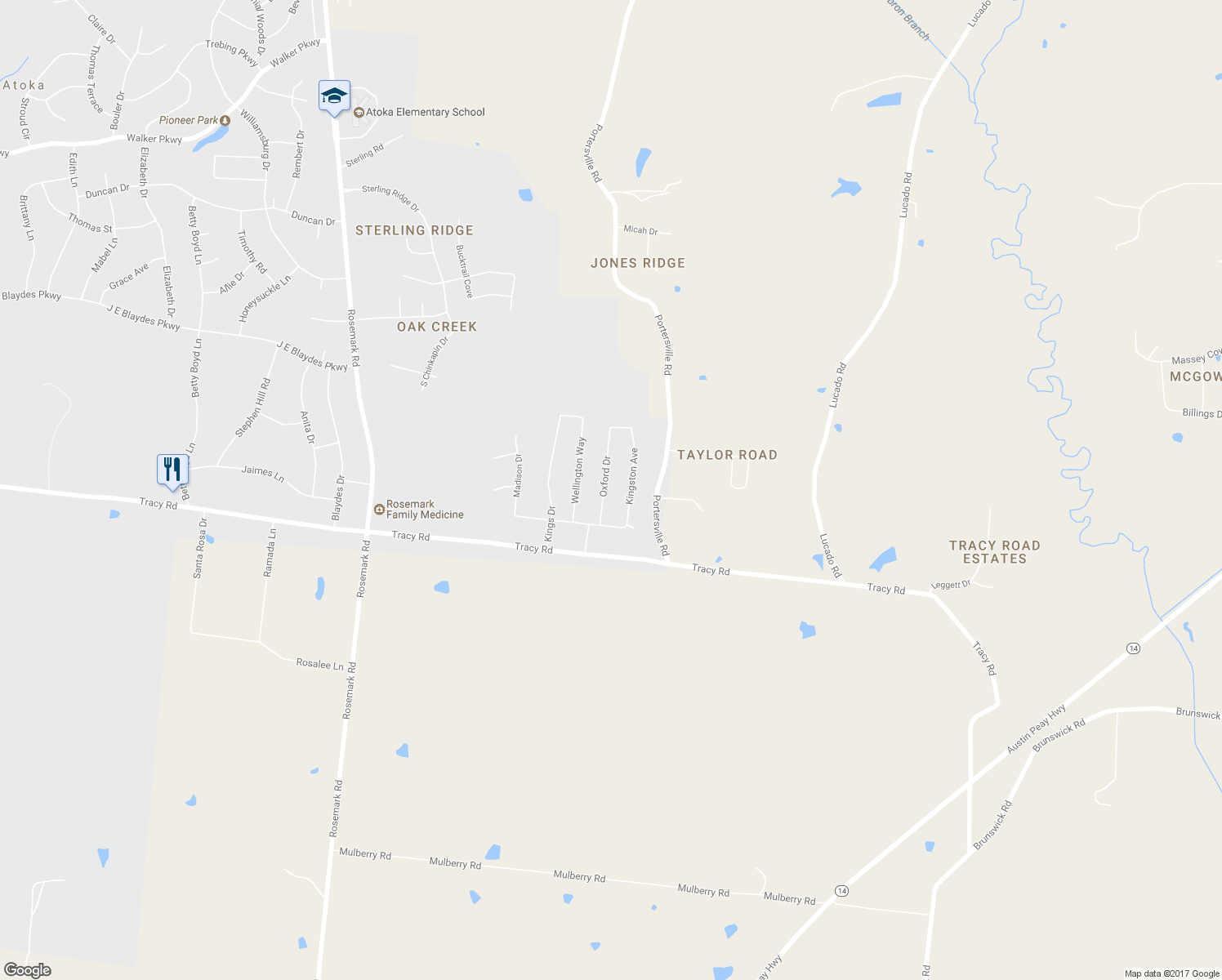 map of restaurants, bars, coffee shops, grocery stores, and more near 102 Oxford Dr in Atoka