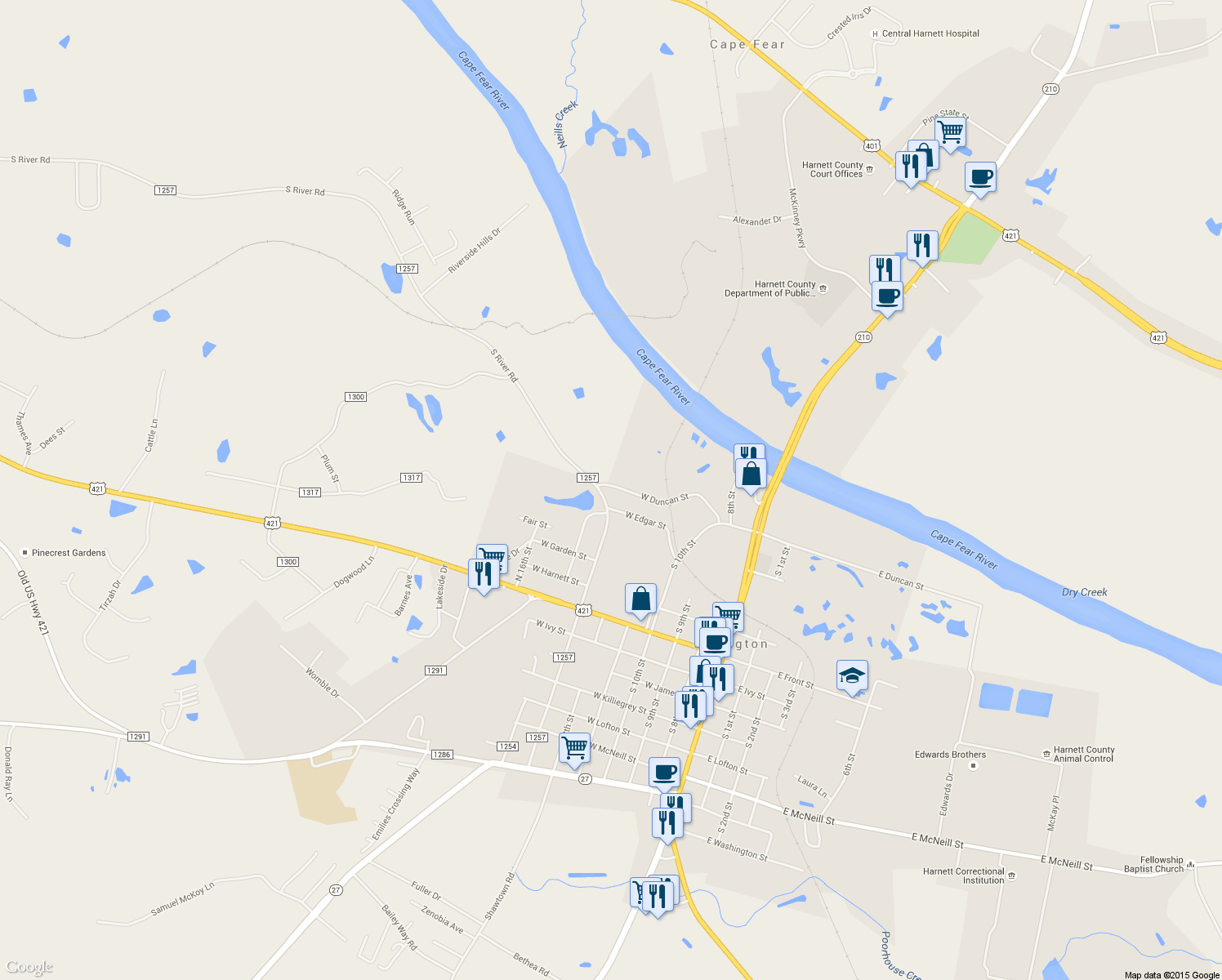 map of restaurants, bars, coffee shops, grocery stores, and more near 601 West Duncan Street in Lillington