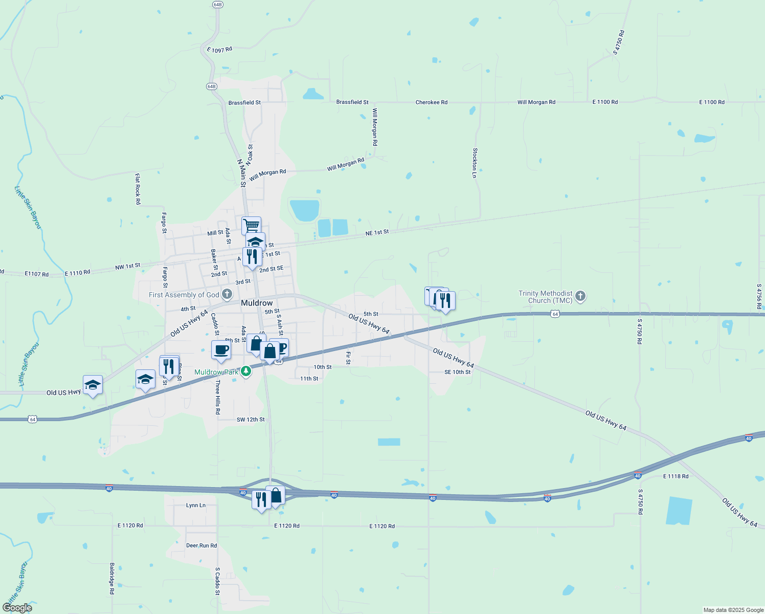 map of restaurants, bars, coffee shops, grocery stores, and more near Juniper Lane in Muldrow