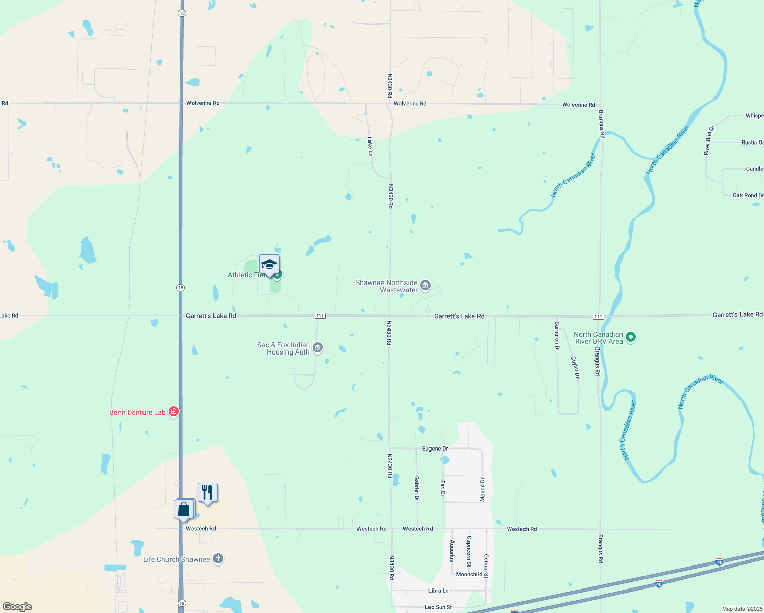 map of restaurants, bars, coffee shops, grocery stores, and more near 42900 Garrett's Lake Road in Shawnee