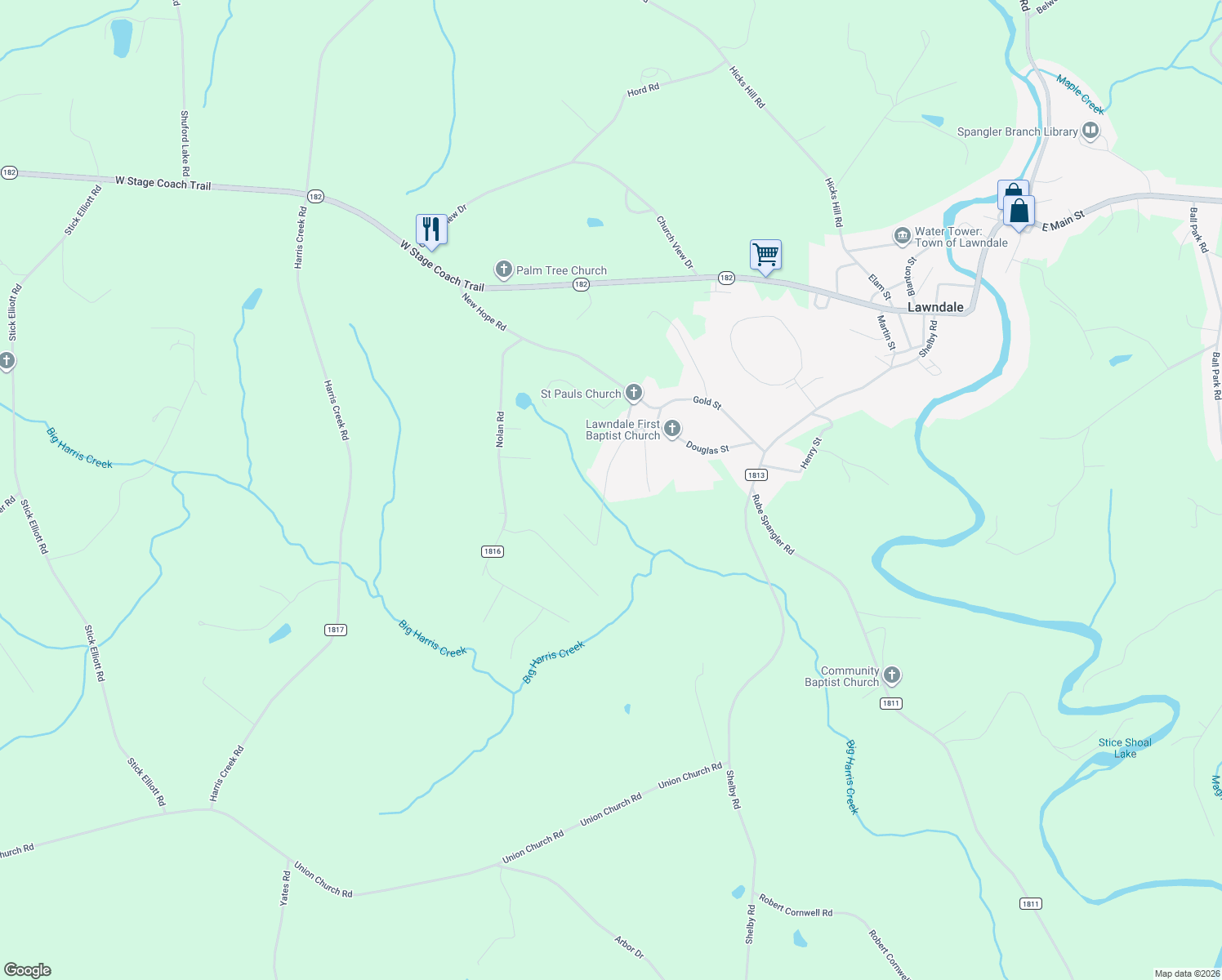 map of restaurants, bars, coffee shops, grocery stores, and more near 161 Potato House Road in Lawndale