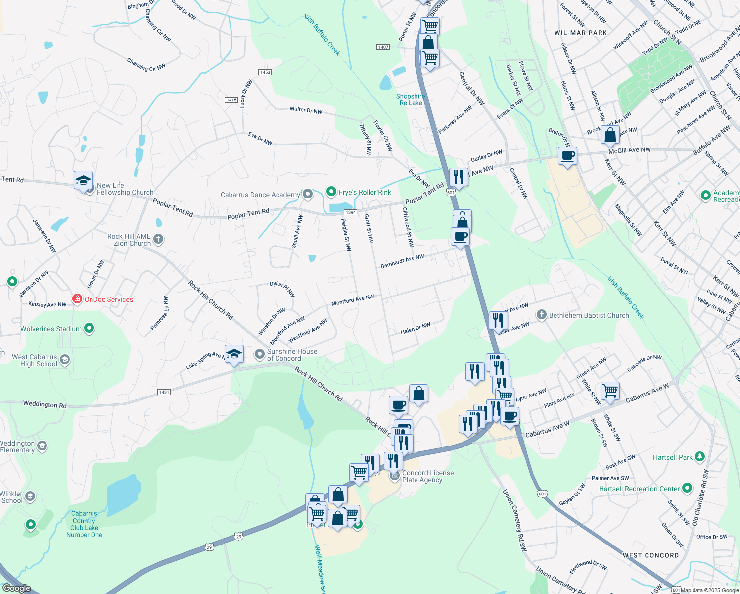 map of restaurants, bars, coffee shops, grocery stores, and more near Montford Avenue Northwest in Concord