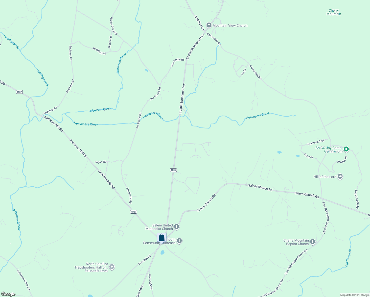 map of restaurants, bars, coffee shops, grocery stores, and more near 136 Dusty Hollow in Bostic