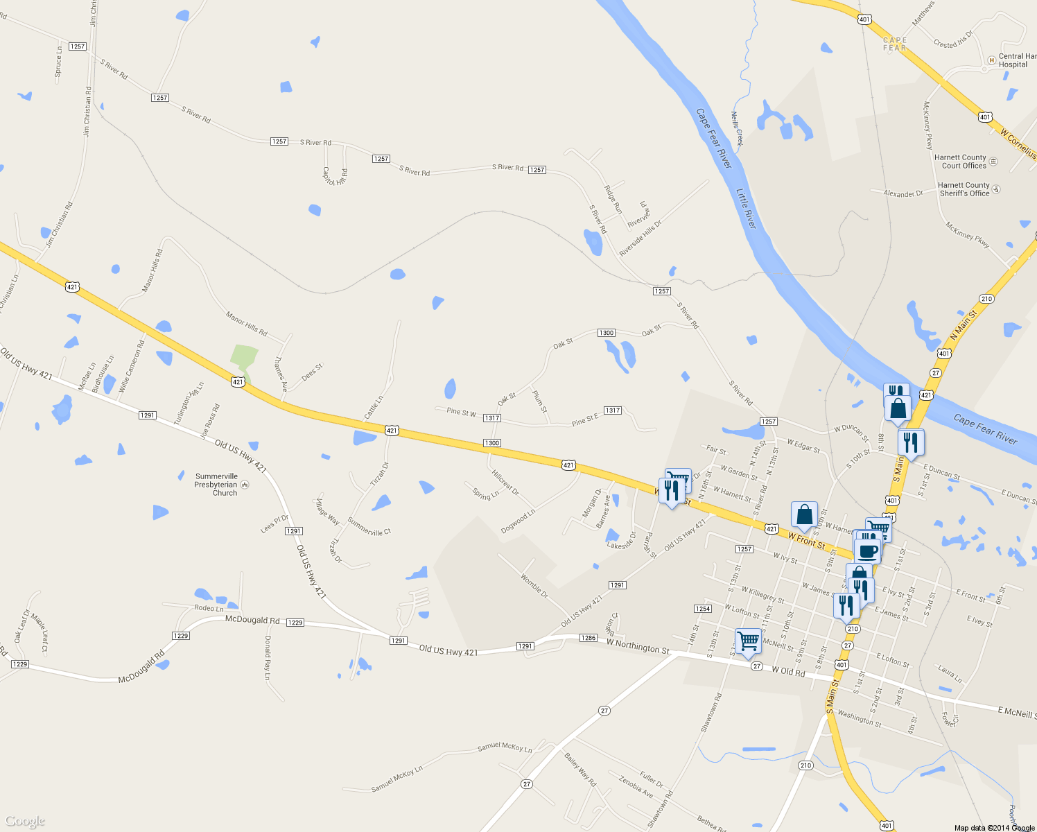 map of restaurants, bars, coffee shops, grocery stores, and more near 69 Pine St E in Lillington