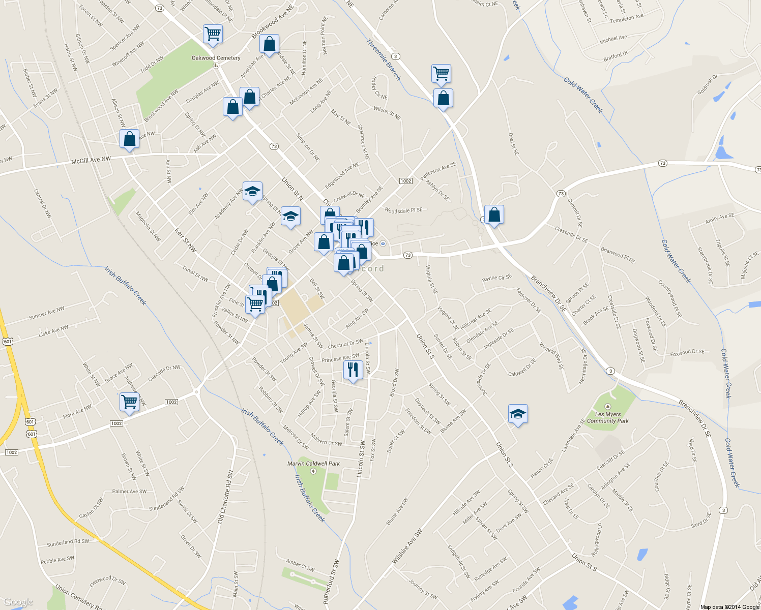 map of restaurants, bars, coffee shops, grocery stores, and more near 173 Spring Street Southwest in Concord