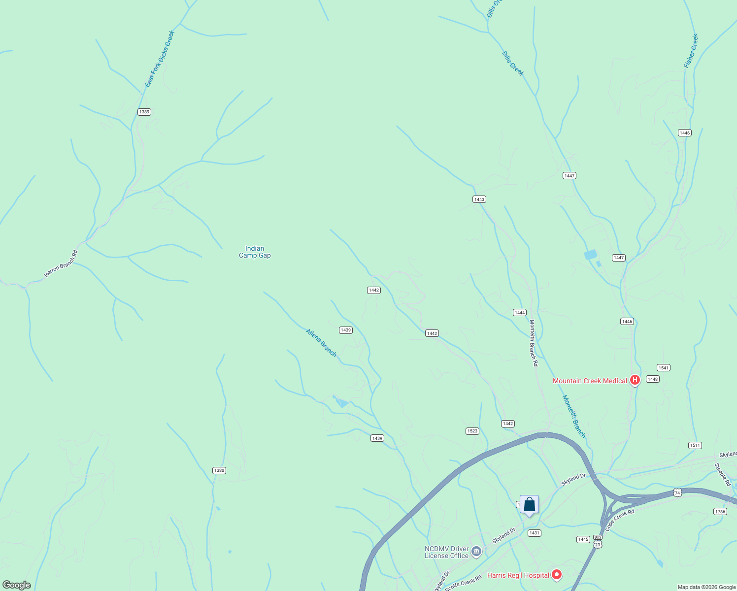 map of restaurants, bars, coffee shops, grocery stores, and more near 1514 Kitchens Branch Road in Sylva