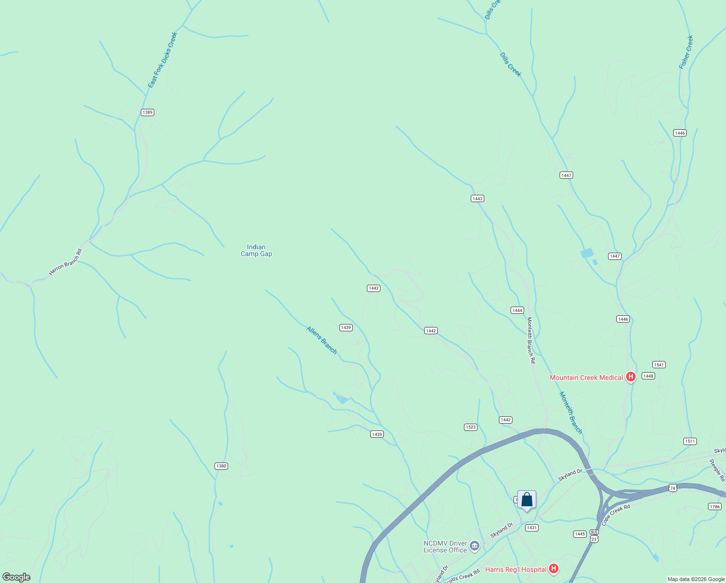 map of restaurants, bars, coffee shops, grocery stores, and more near 1614 Kitchens Branch Road in Sylva