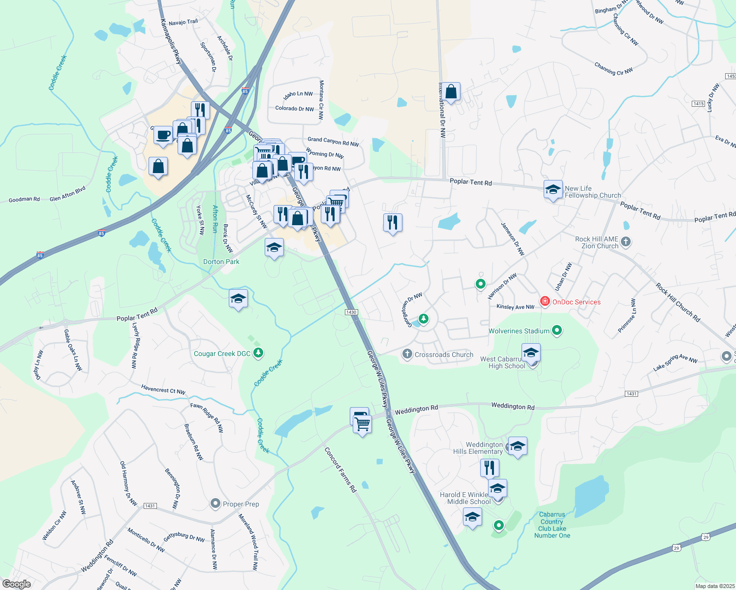 map of restaurants, bars, coffee shops, grocery stores, and more near 2535 Botanical Court Northwest in Concord