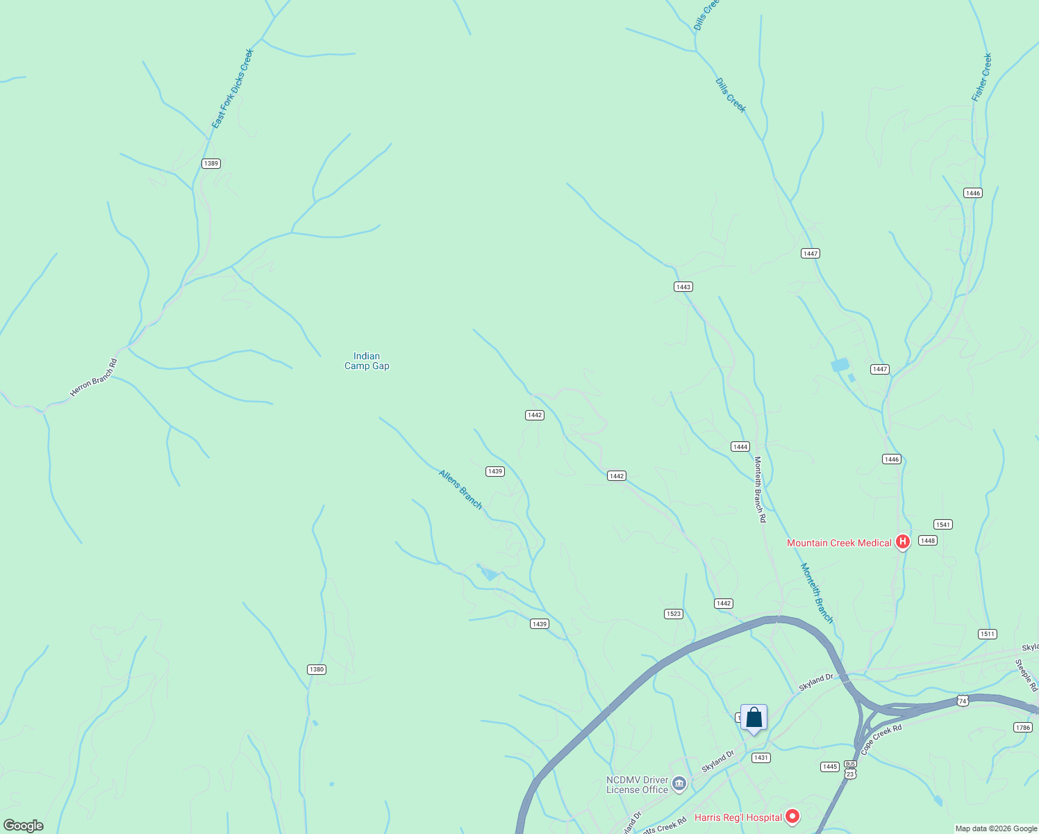 map of restaurants, bars, coffee shops, grocery stores, and more near 1614 Kitchens Branch Road in Sylva