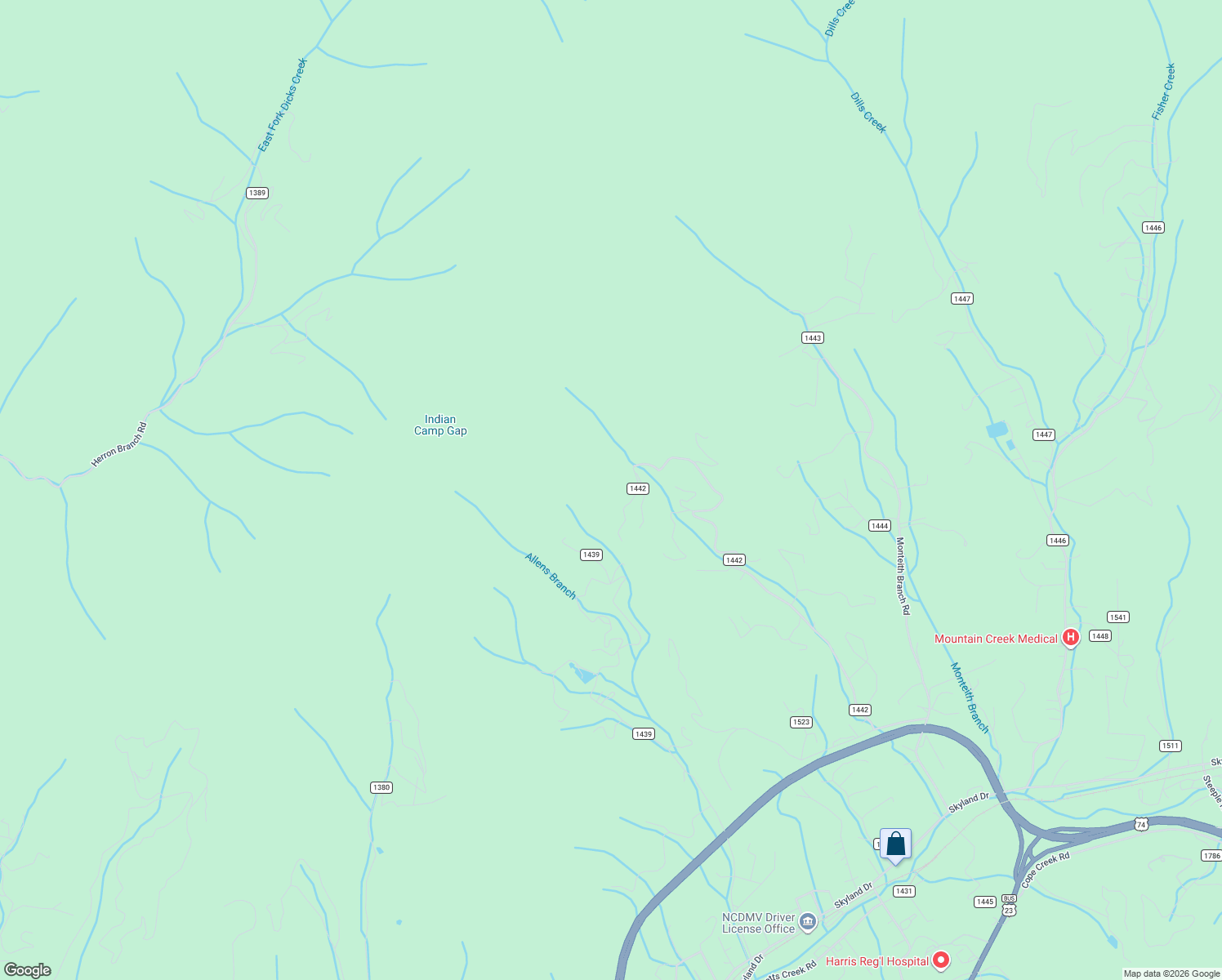 map of restaurants, bars, coffee shops, grocery stores, and more near 1614 Kitchens Branch Road in Sylva