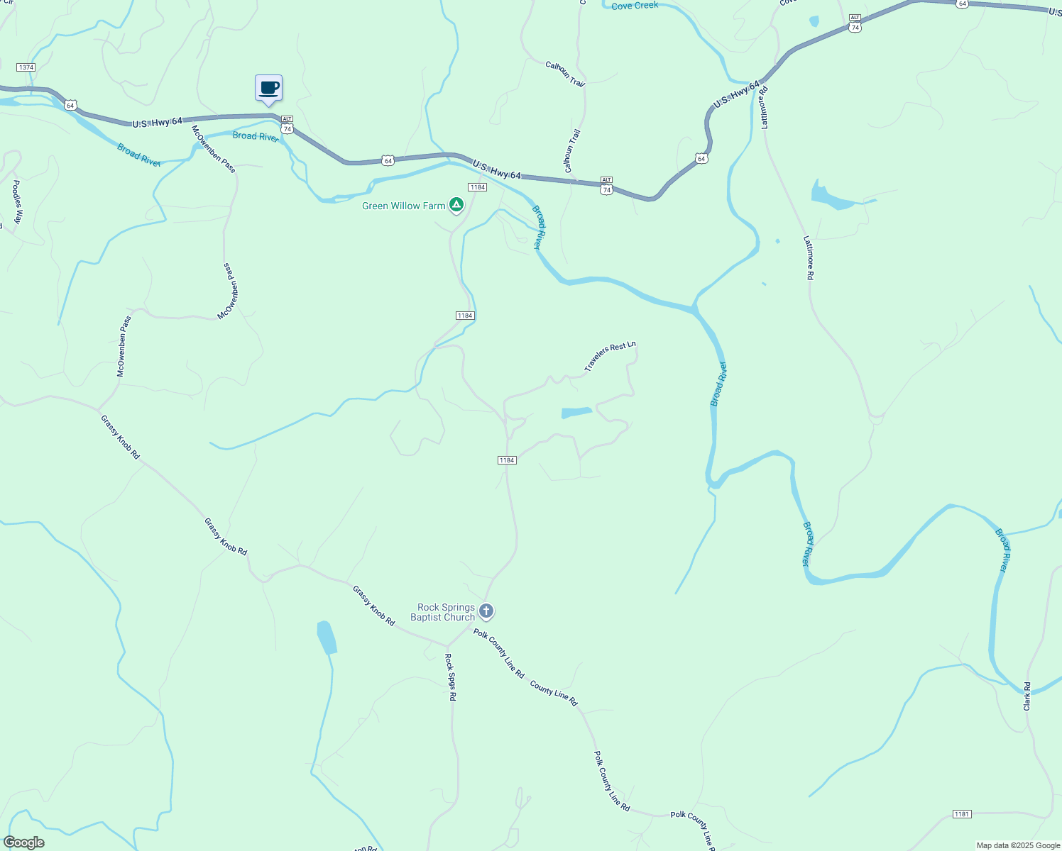 map of restaurants, bars, coffee shops, grocery stores, and more near 130 Butternut Lane in Rutherfordton