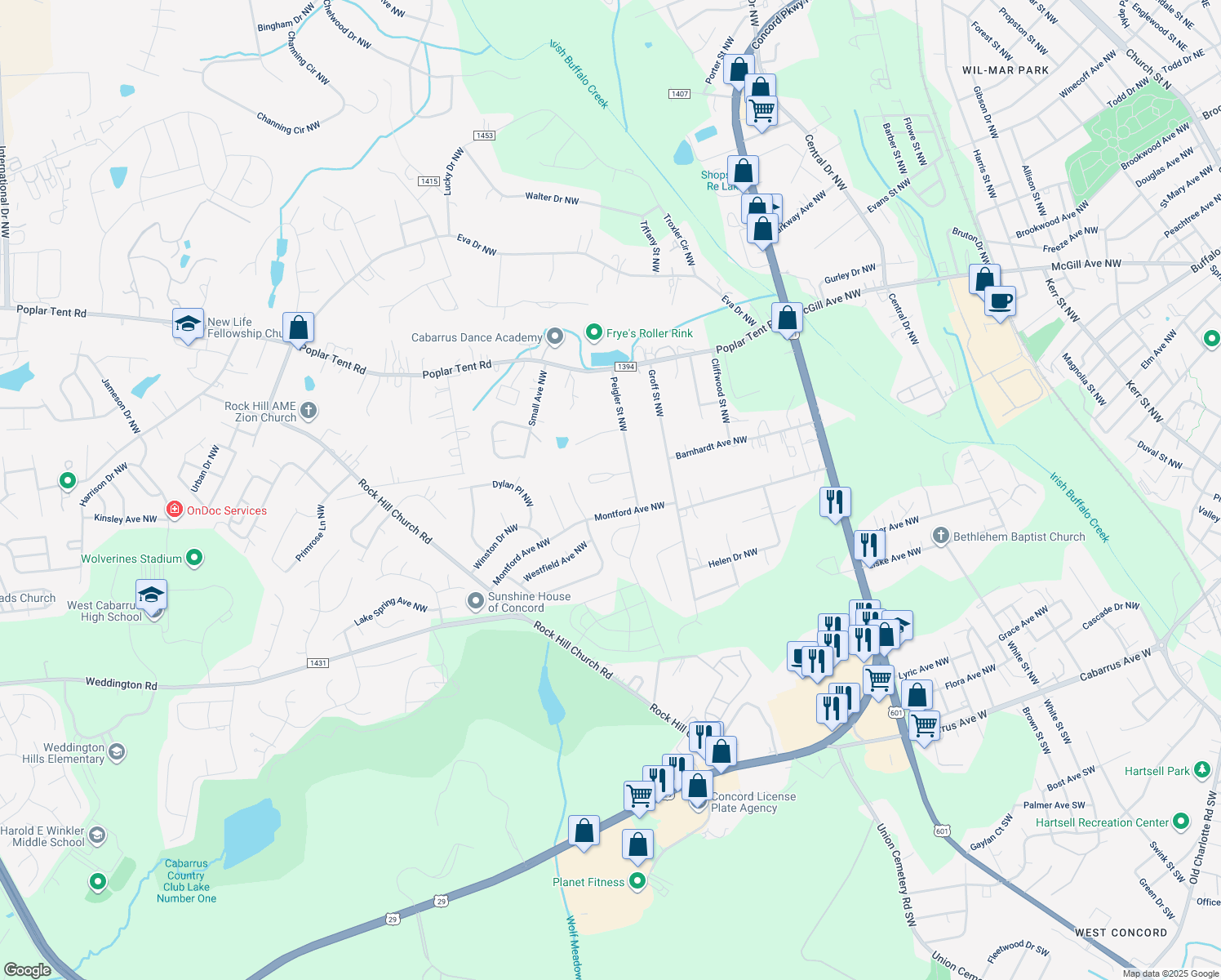 map of restaurants, bars, coffee shops, grocery stores, and more near 600 Peigler Street Northwest in Concord