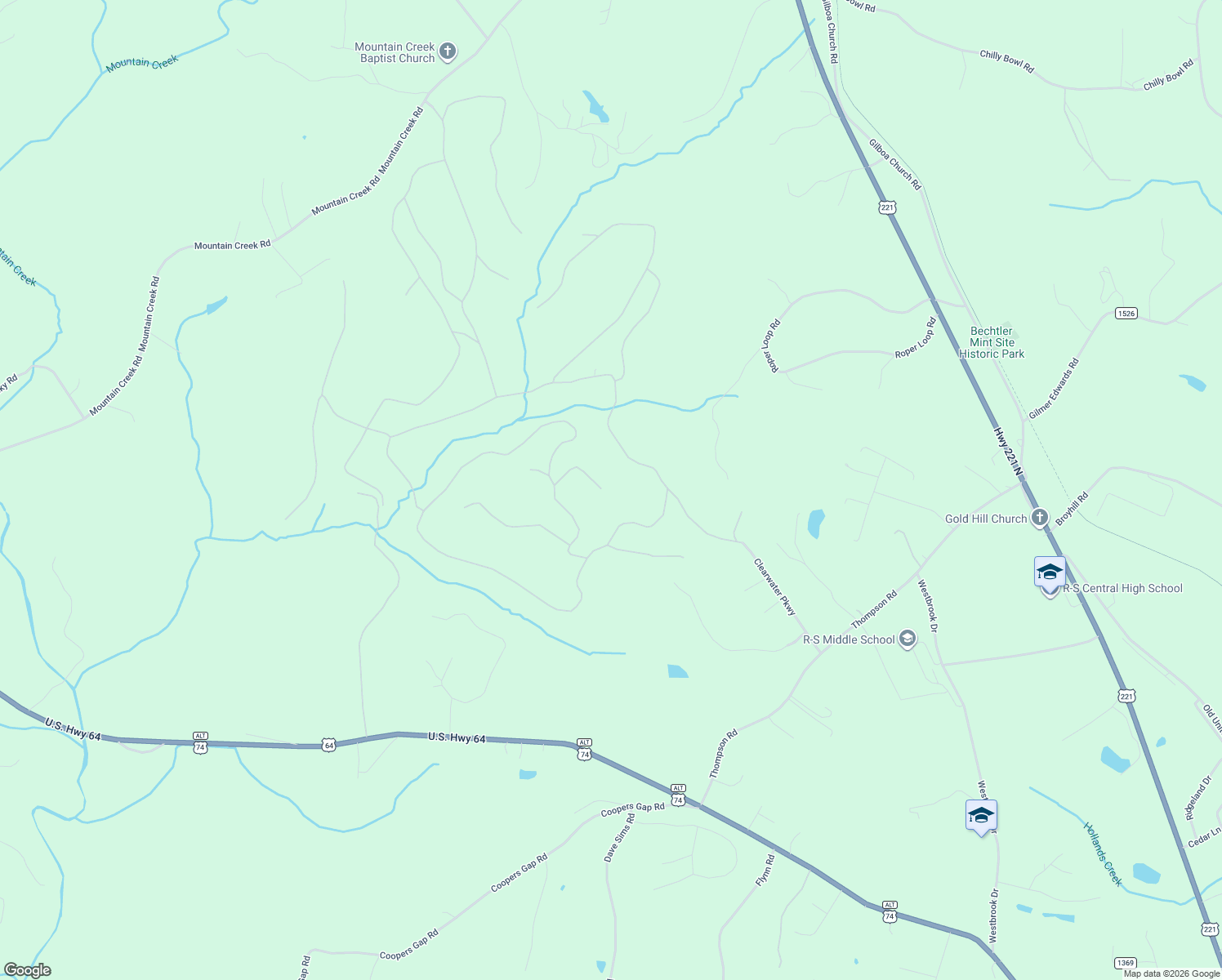 map of restaurants, bars, coffee shops, grocery stores, and more near 203 Burnt Chimney Lane in Rutherfordton
