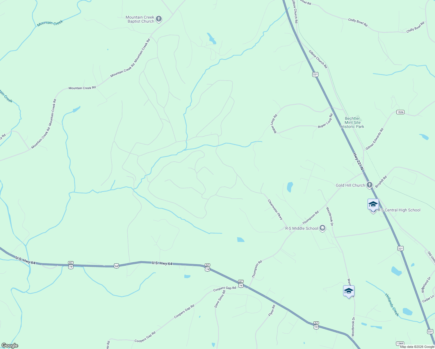 map of restaurants, bars, coffee shops, grocery stores, and more near 203 Burnt Chimney Lane in Rutherfordton